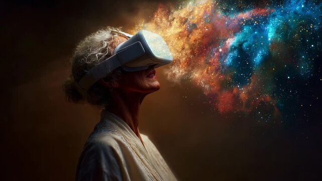 Aging with Technology: An Elderly Woman Immersed in Virtual Reality, Experiencing a Vibrant Cosmic Display of Colors and Galaxies, Bridging Generations through Innovation.