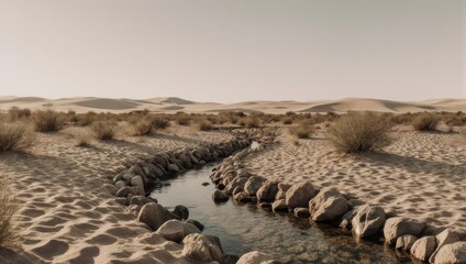A narrow stream flowing through a vast arid desert landscape.