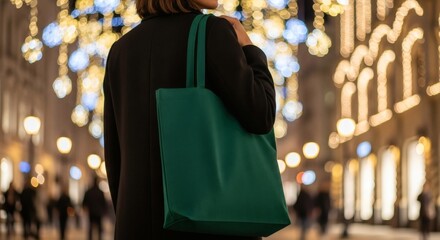 Woman with green shopping bag in city center at night concept of consumerism and lifestyle