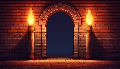 a pixelated image of a brick wall with two lit torches on either side of an arched doorway