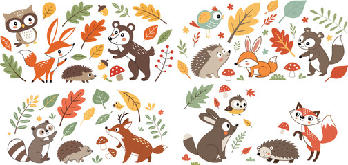 Colorful Autumn Woodland Animals and Leaves Vector Collection