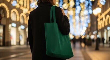 Woman carries a green reusable tote bag while shopping on a festive city street at night with bokeh lights