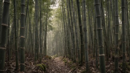 Obraz premium A serene path winds through a dense bamboo forest with sunlight filtering through the tall stalks.