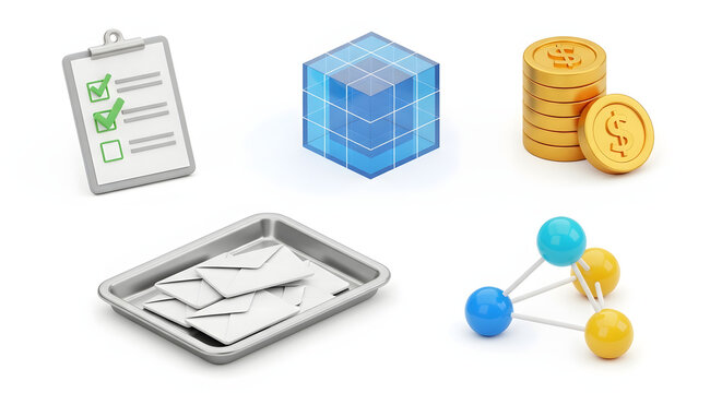 Set of 3D icons representing business finance and technology concepts.