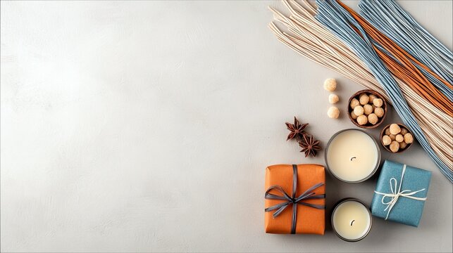 A flat lay composition features two wrapped gifts, two unlit candles, star anise, small nuts, and bundles of colored strings on a textured gray background.