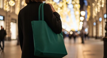 Anonymous figure carries a vibrant green tote bag, strolling through a brightly lit urban street during an evening shopping experience