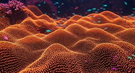 Vibrant orange anemone field with small colorful fish swimming in the deep blue tropical ocean water