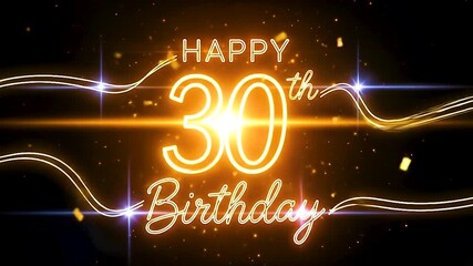 Golden glow 30th birthday celebration with radiant sparkles, confetti, and illuminated cursive text on dark festive backdrop