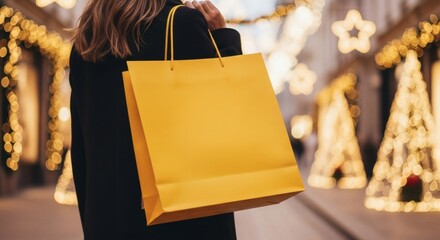Stylish shopper carries a vibrant bag amidst dazzling urban holiday lights, embracing the festive season
