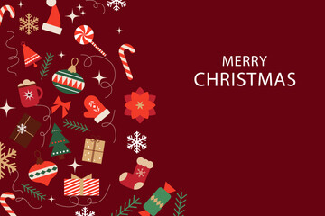 Horizontal festive background for a banner or a Christmas and New Year greeting. Flat-style vector illustration with festive elements, an inscription, and copy space