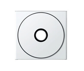 Blank CD in a square case.  A blank white CD is centered within a square, white case.  A black hole is in the center of the CD.  Thin, black lines border the CD and the case