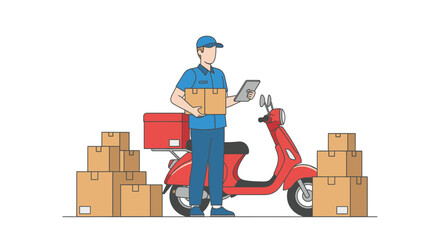 Efficient delivery service with scooter and confident courier, perfect for logistics solutions and e-commerce promotions, emphasizing speed and reliability