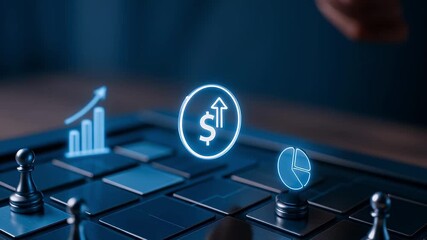 Finger touching digital coin dollar upward arrow growth hologram chart pie keyboard glowing finance icon strategic gameboard investment planning glowing coin dollar upward arrow digital chessboard - Powered by Adobe