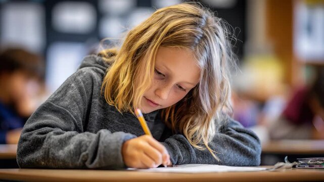 Student focuses on written assignment at desk during classroom lesson, concentrating on learning and honing writing skills while surrounded by classmates