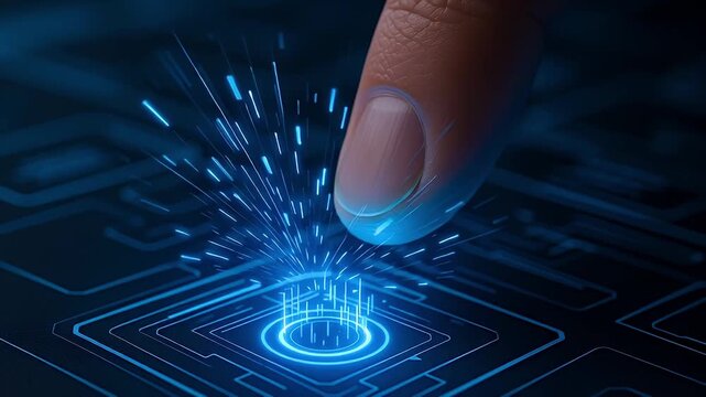 Finger fingertip touchpad sensor biometric fingerprint security authentication technology finger touch fingerprint touchpad biometric sensor fingertip activates glowing biometric sensor with blue