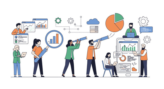 Diverse team collaborating on data analysis, exploring business growth opportunities and visualizing success with modern analytics tools for strategic decisions