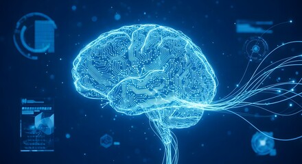 Digital Brain With Circuitry and Data Streams on Blue Background technology artificial intelligence
