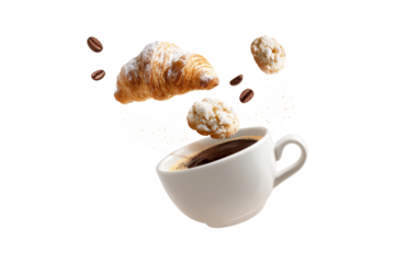 Fresh croissant and powdered cookies floating above a steaming cup of dark coffee isolated on transparent background