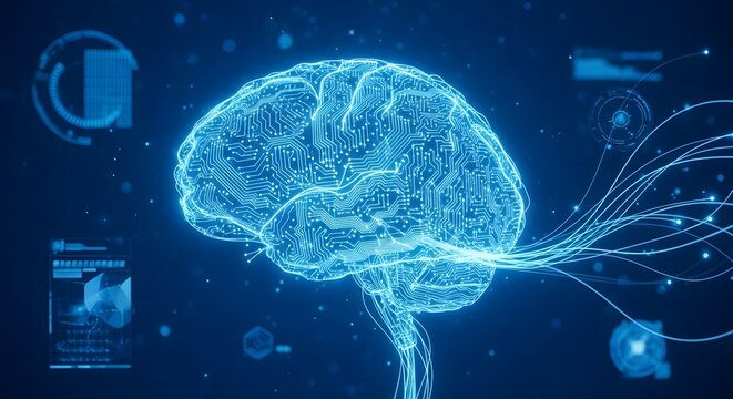 Digital Brain With Circuitry and Data Streams on Blue Background technology artificial intelligence