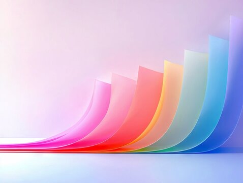 Abstract arrangement of curved, translucent sheets of paper displaying a spectrum of colors from pink to blue, creating a gentle wave-like effect.