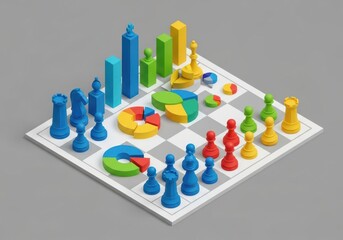Data-driven decisions win games, colorful chess pieces, business strategy