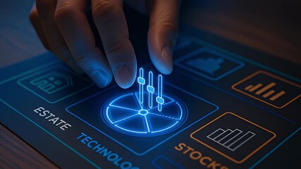 Hand touchscreen control pie chart slider dashboard technology finance data. glowing digital interface with finger adjusting sliders and chart controls on futuristic blue touchscreen closeup - Powered by Adobe