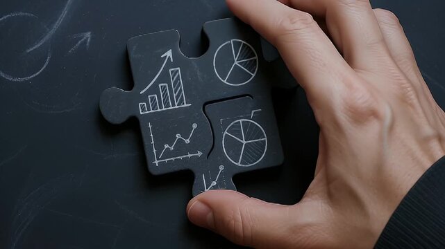 Hand holding dark puzzle piece with chalk drawn pie chart bar graph and line chart symbolizing strategic analysis and collaborative growth insight for business planning and data driven strategy
