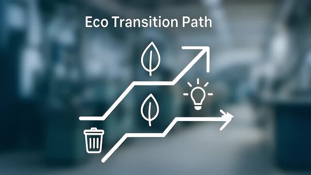 Eco transition path green energy sustainability recycling innovation leaf icon upward arrow light bulb circular economy waste reduction environmental strategy inspiring progress