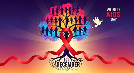 Colorful World AIDS Day tree of life with people holding hands, red ribbon and peace dove – global unity, hope and HIV awareness on December 1