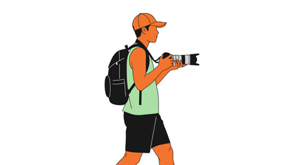 Young photographer capturing stunning landscapes with professional camera, ready for adventure travel and documentary projects, vector illustration
