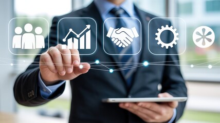 Business professional interacts with digital dashboard featuring team performance and strategy icons on a connected network