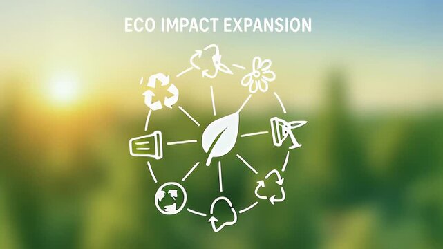 Eco impact expansion environmental recycling leaf globe sustainability renewable energy circular economy nature conservation sun green technology bicycle wind turbine lightbulb connection growth