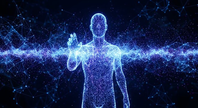 Digital human form made of glowing blue particles interacting with a network human body