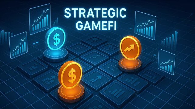 Strategic gamefi token coin board grid tile finance chart investment strategy combining digital coin pieces, glowing markers, financial chart HUD and upward trend symbols for competitive play