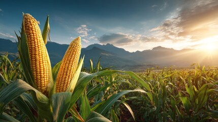 Corn field with golden maize at sunrise in mountain valley