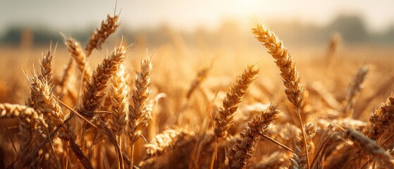 Close up of golden wheat field glowing in sunlight