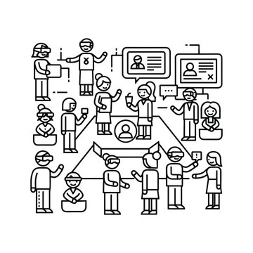 Metaverse meeting with people using virtual reality headsets isolated on vr conference icon