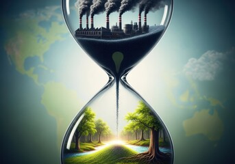 Urgent climate change hourglass showing pollution versus green future