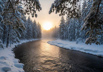 Winter river flows through snow covered pine forest at sunrise with sunlit mist and hanging branches isolate