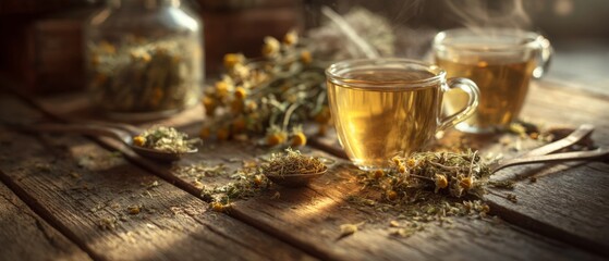 Chamomile herbal tea glass cup dried flowers wooden table organic drink aroma relaxation health