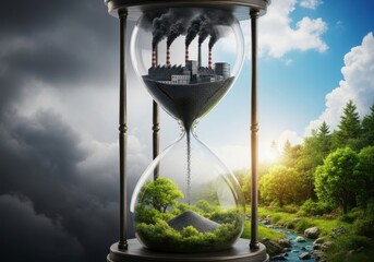Urgent climate change concept with hourglass showing nature's decline