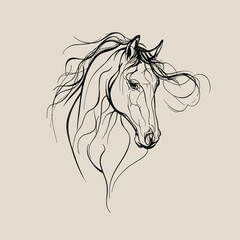 Minimalist line art illustration of an elegant horse head with flowing mane. Modern, stylish and suitable for decor, branding, tattoos and design projects