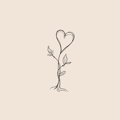 Elegant minimalist line drawing of a plant forming a heart shape with leaves and roots, ideal for eco branding, wellness themes, love concepts, and modern decor