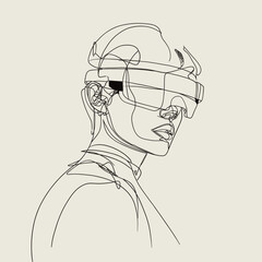 Minimalist line art portrait of a woman wearing a futuristic VR headset, symbolizing virtual reality, metaverse, and modern digital technology