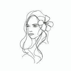 Elegant continuous line portrait of a woman with flowing hair and a flower, ideal for beauty branding, fashion design, decor, and modern editorial artwork