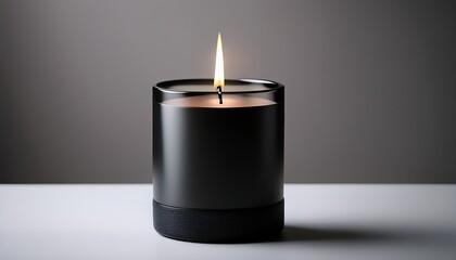 elegant black candle with gentle flame on a sleek neutral backdrop creating a calming atmosphere
