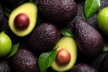 Fresh ripe avocados with dark skins and green limes