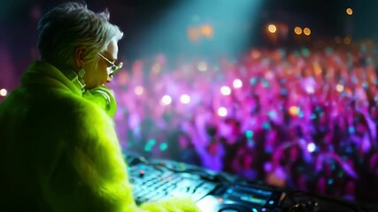 A DJ in a vibrant crowd captivates the audience with dynamic beats, creating a thrilling atmosphere filled with energy, color, and excitement at a lively music event.
