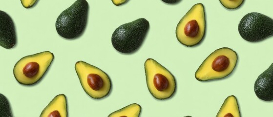Fresh avocado pattern on pastel green background