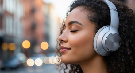 Woman Wearing Headphones Listening to Music Eyes Closed. young woman wearing large, modern wireless headphones. Represents lifestyle, music, audio, podcast, relaxation, and technology